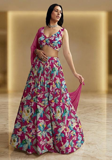 Fuchsia Pink Printed Crepe Lehenga Set