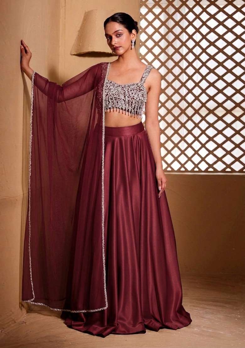 Maroon Embroidered Handwork Lehenga Set - Indya