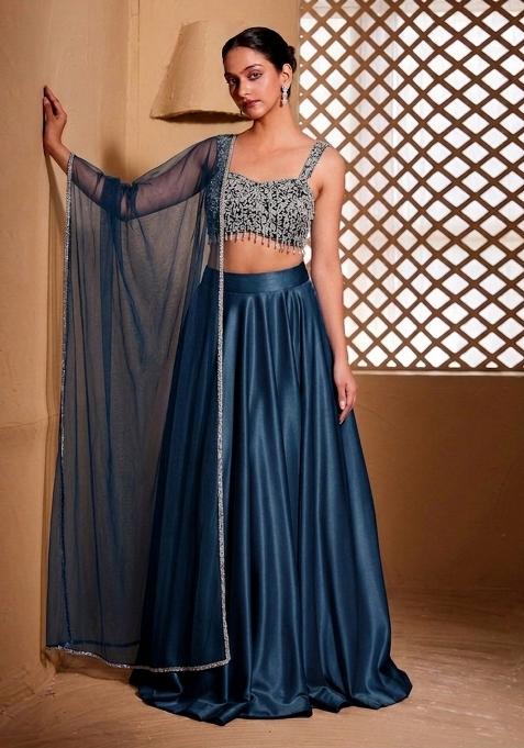 Midnight Blue Embroidered Handwork Lehenga Set