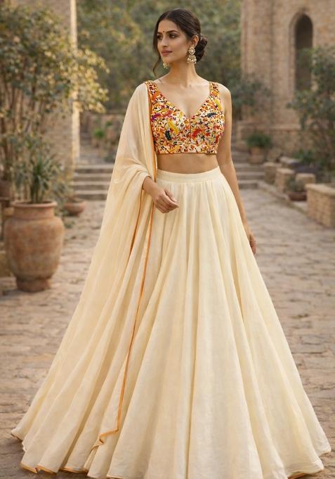 Cream Embroidered Handwork Lehenga Set