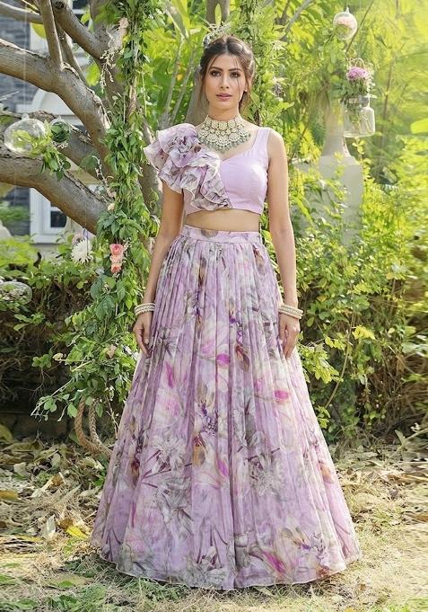 Lavender Pink Printed Organza Lehenga Set