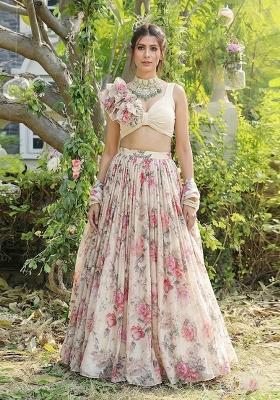 Cream White Printed Organza Lehenga Set