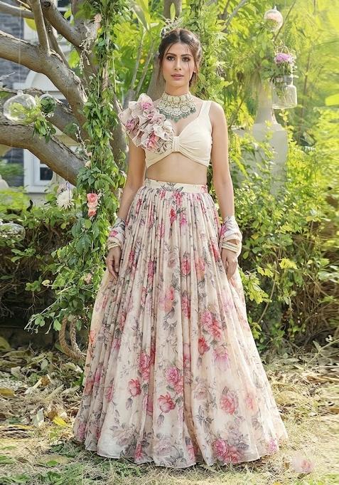 Cream White Printed Organza Lehenga Set