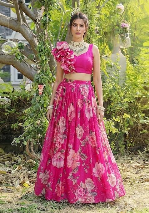 Rani Pink Printed Organza Lehenga Set