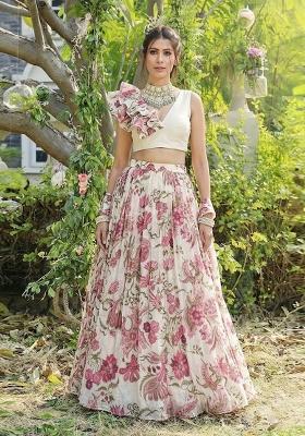 Off White Printed Organza Lehenga Set