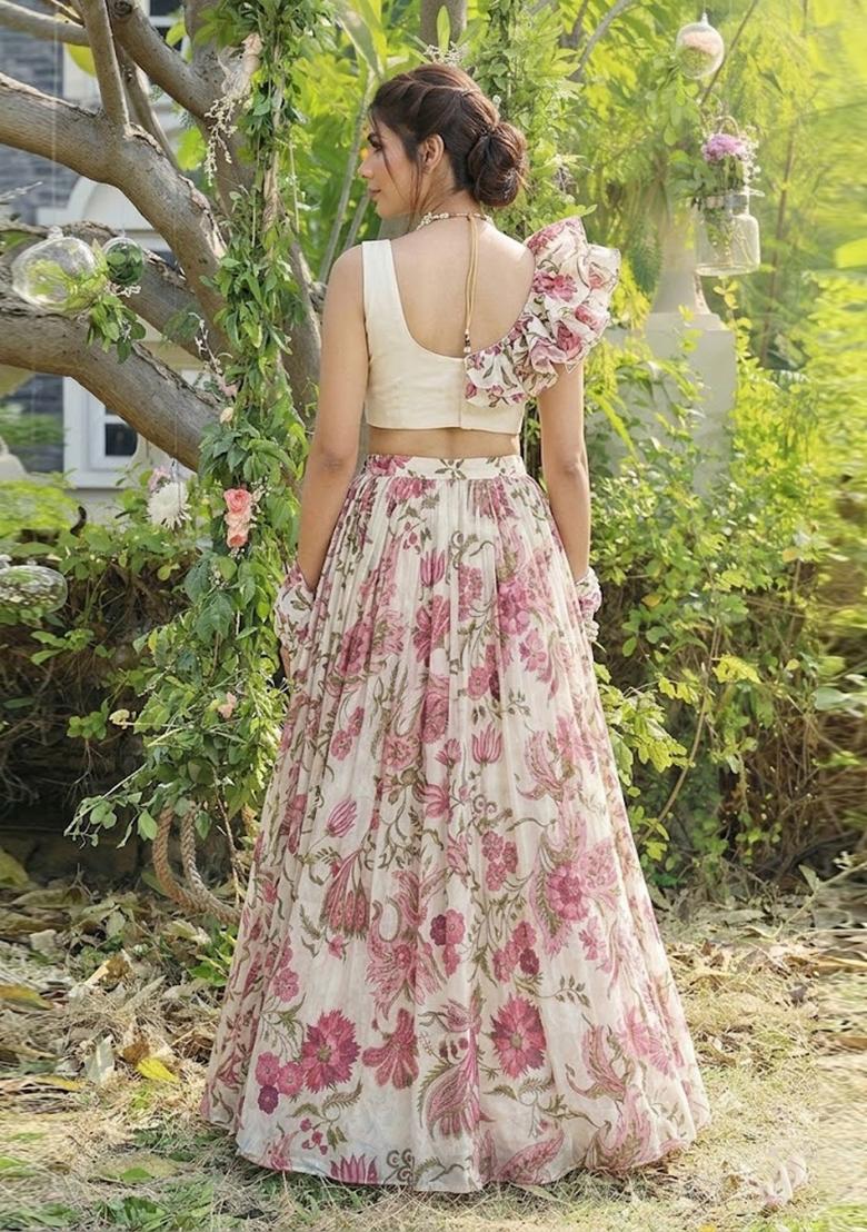 Off White Printed Organza Lehenga Set - Indya