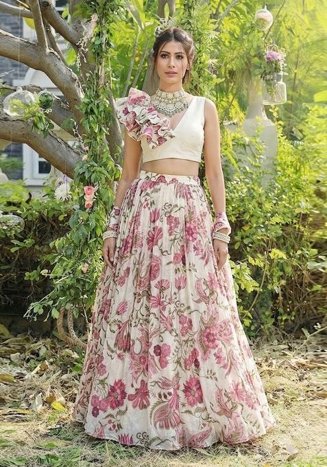 Off White Printed Organza Lehenga Set