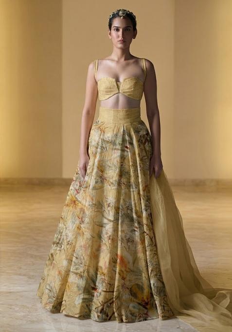 Mustard Yellow Printed Organza Lehenga Set