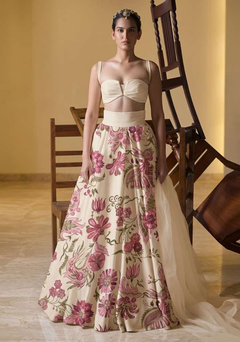 Cream White Printed Organza Lehenga Set - Indya