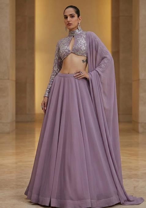 Mauve Purple Embroidered Net Lehenga Set