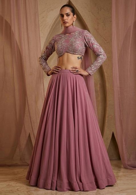 Dusty Pink Embroidered Net Lehenga Set