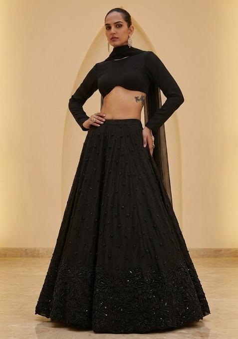Black Embroidered net Lehenga Set