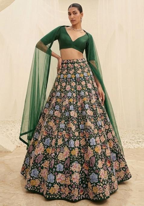 Bottle Green Printed Crepe Lehenga Set