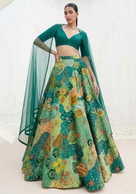 Teal Green Printed Crepe Lehenga Set