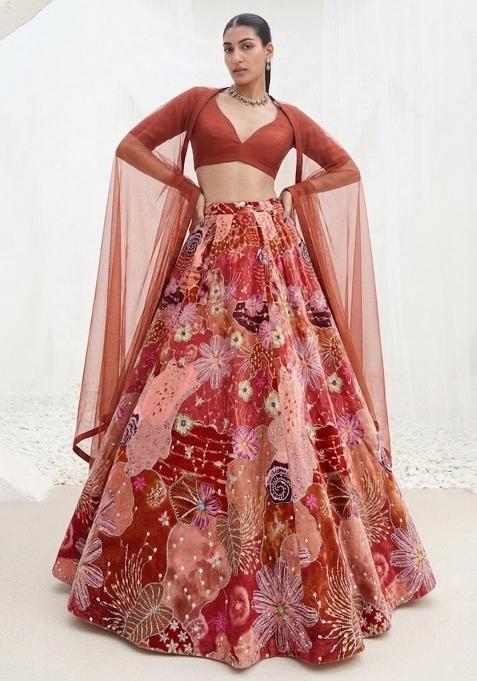 Rust Red Printed Crepe Lehenga Set