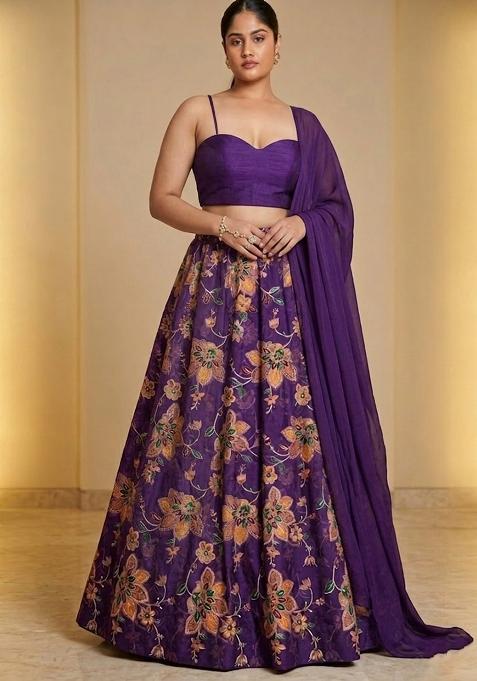 Deep Purple Printed Organza Lehenga Set