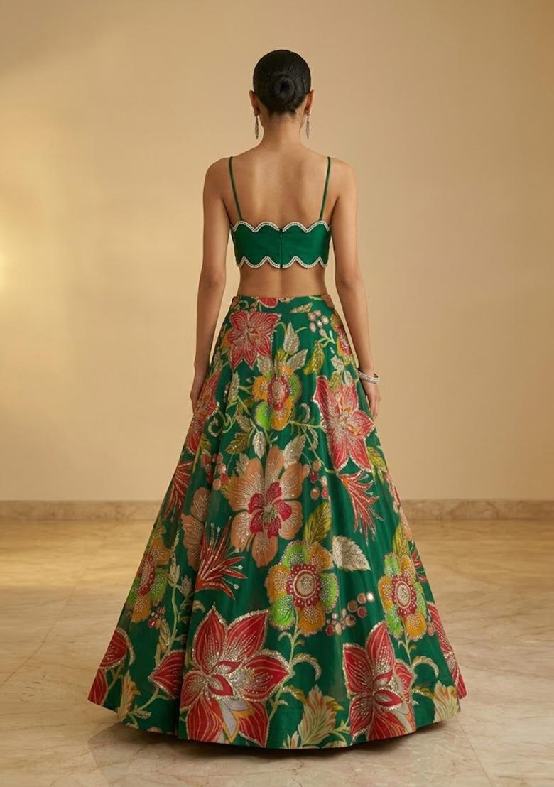 Bottle Green Printed Georgette Lehenga Set - Indya
