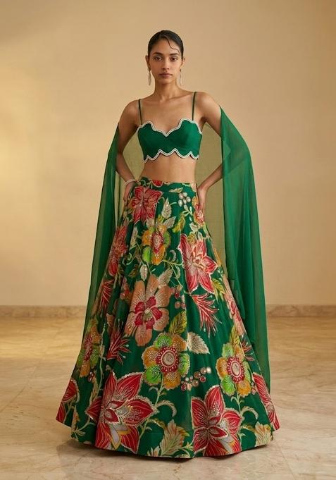 Bottle Green Printed Georgette Lehenga Set