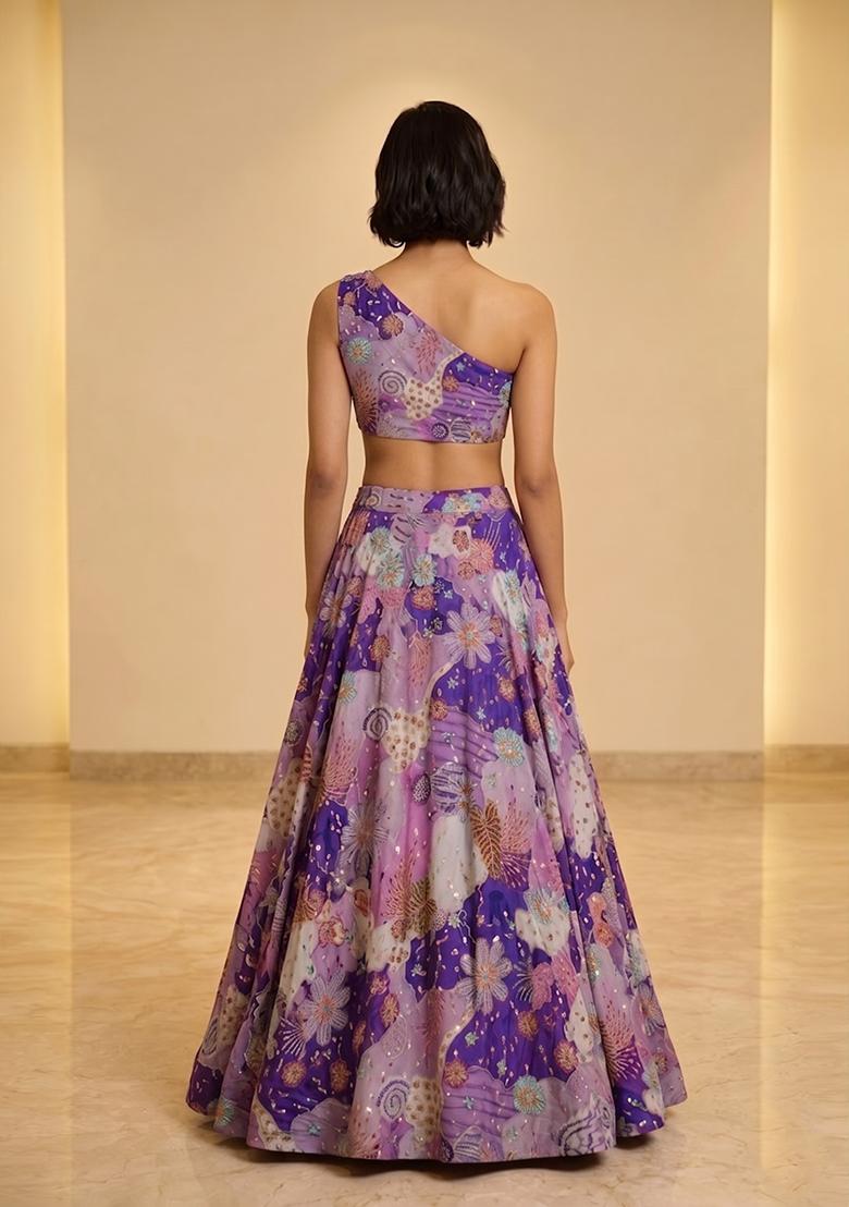 Violet Purple Printed Crepe Lehenga Set - Indya