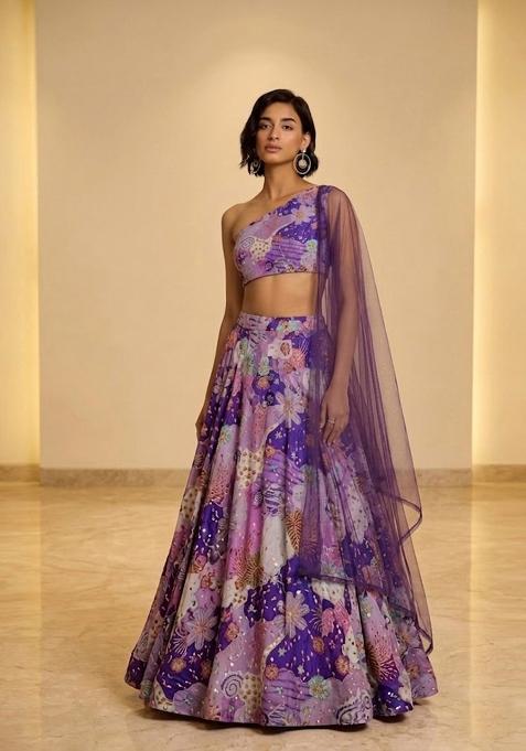 Violet Purple Printed Crepe Lehenga Set