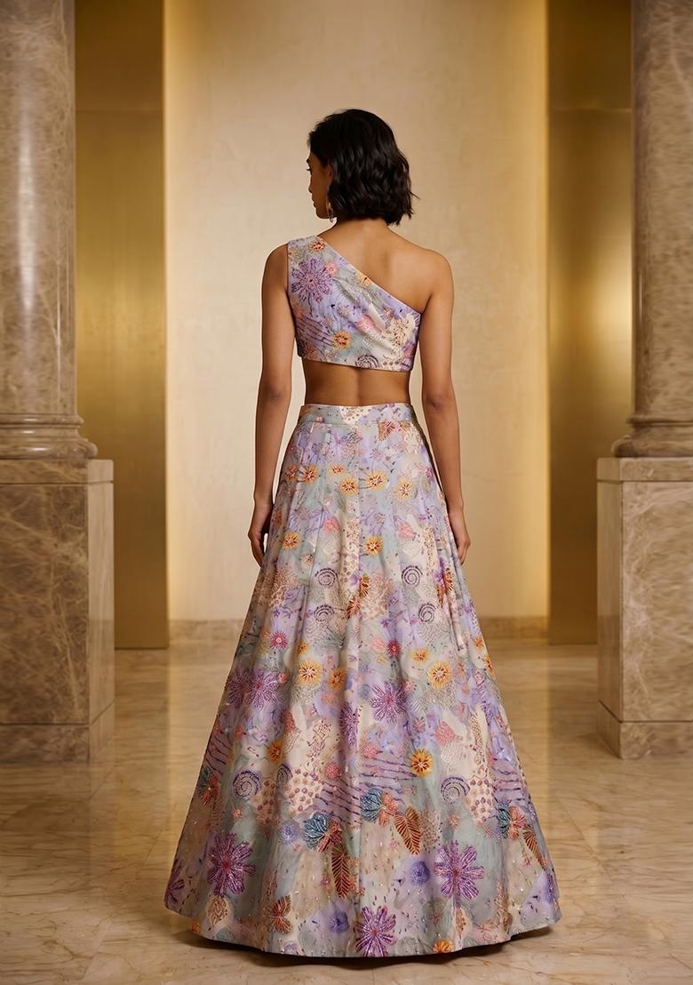 Lavender Purple Printed Crepe Lehenga Set - Indya