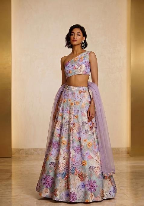 Lavender Purple Printed Crepe Lehenga Set