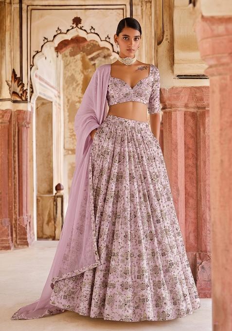 Lavender Pink Printed Crepe Lehenga Set