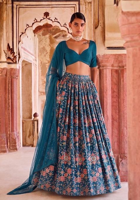Teal Blue Printed Crepe Lehenga Set