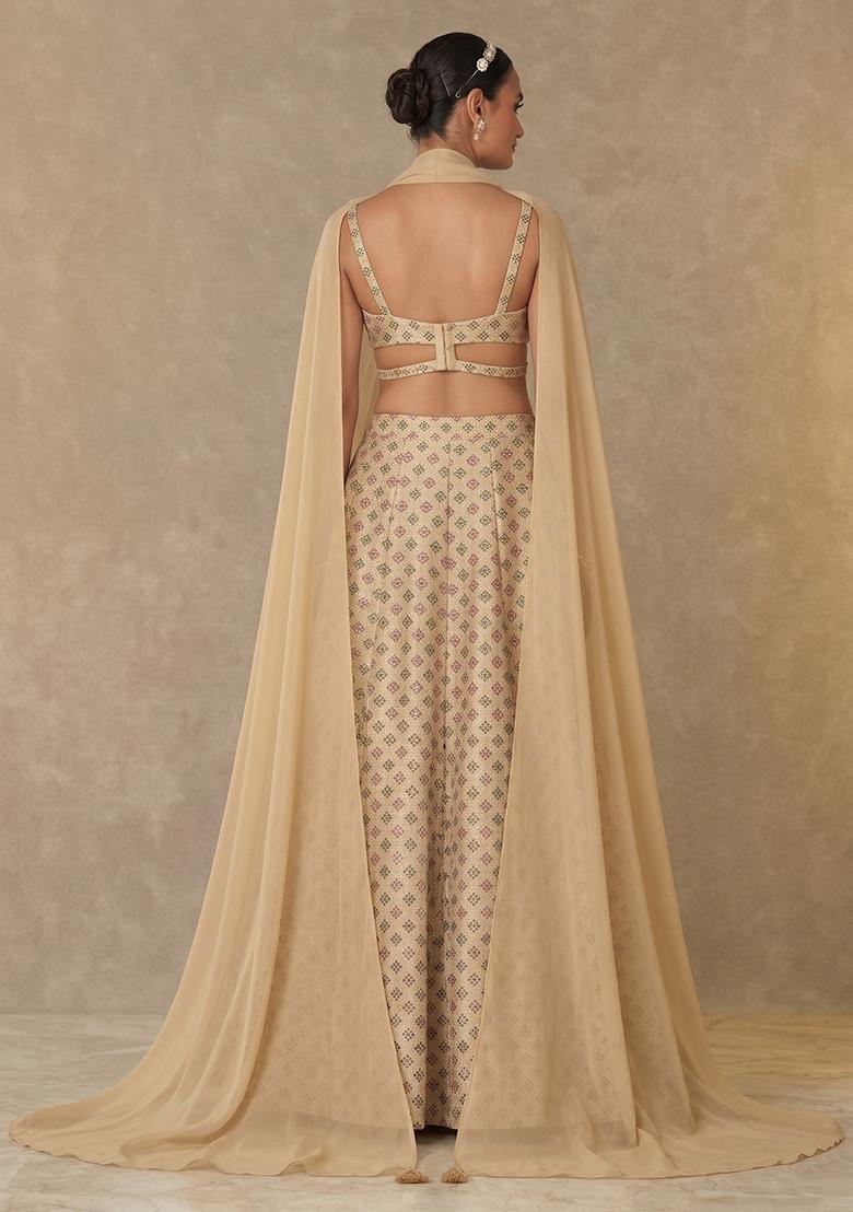 Champagne Beige Zari Silk Lehenga Set - Indya