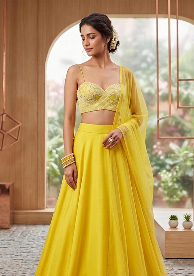 Bright Yellow Handwork Lehenga Set - Indya