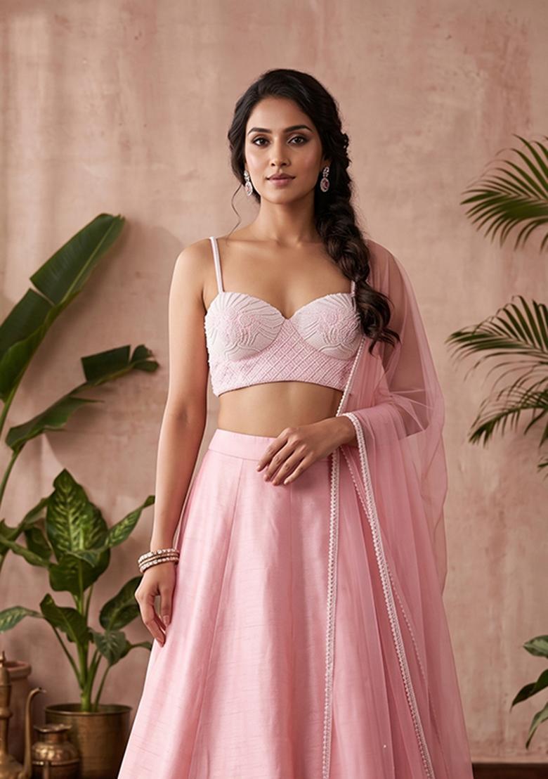 Baby Pink Handwork Lehenga Set - Indya