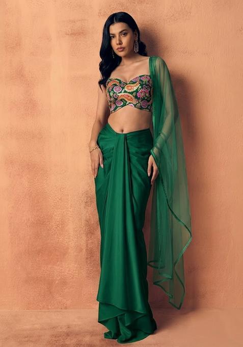 Emerald Green Printed Crepe Fusion Set