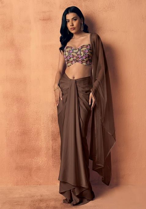 Chocolate Brown Printed Crepe Fusion Set