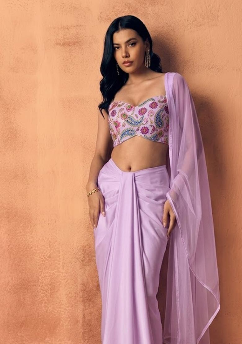 Lavender Printed Crepe Fusion Set - Indya