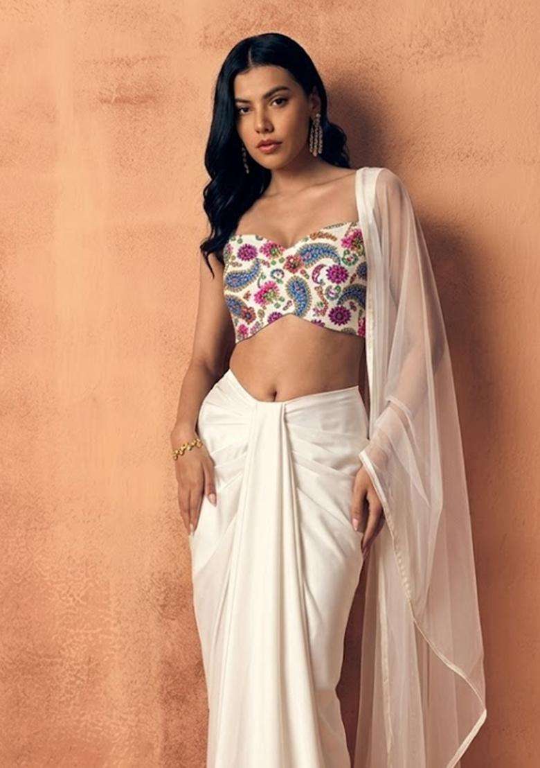 Off White Crepe Fusion Set with Printed for Diwali | Wedding & Festive Wear - Indya