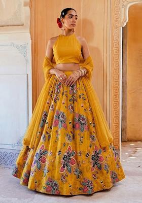 Mustard Yellow Printed Organza Kurta Set