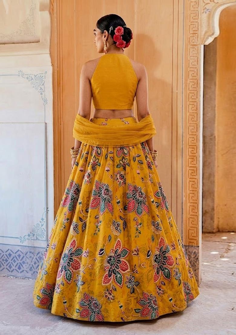 Mustard Yellow Printed Organza Kurta Set - Indya