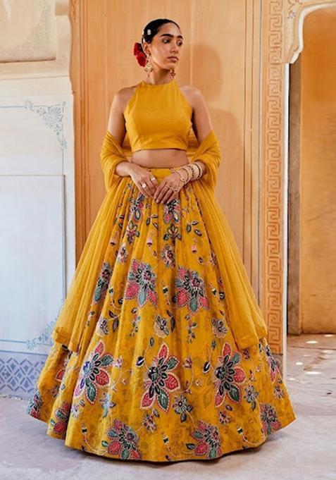 Mustard Yellow Printed Organza Kurta Set