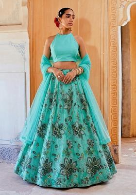 Mint Green Printed Organza Lehenga Set