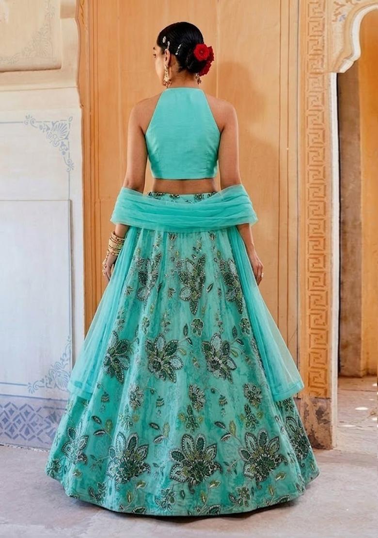 Mint Green Printed Organza Lehenga Set - Indya