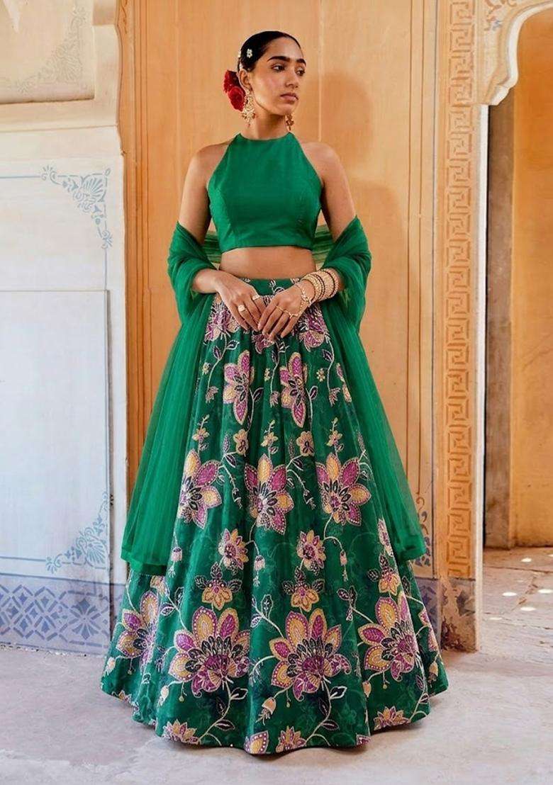 Emerald Green Printed Organza Lehenga Set - Indya
