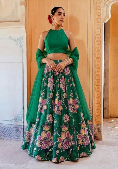 Emerald Green Printed Organza Lehenga Set