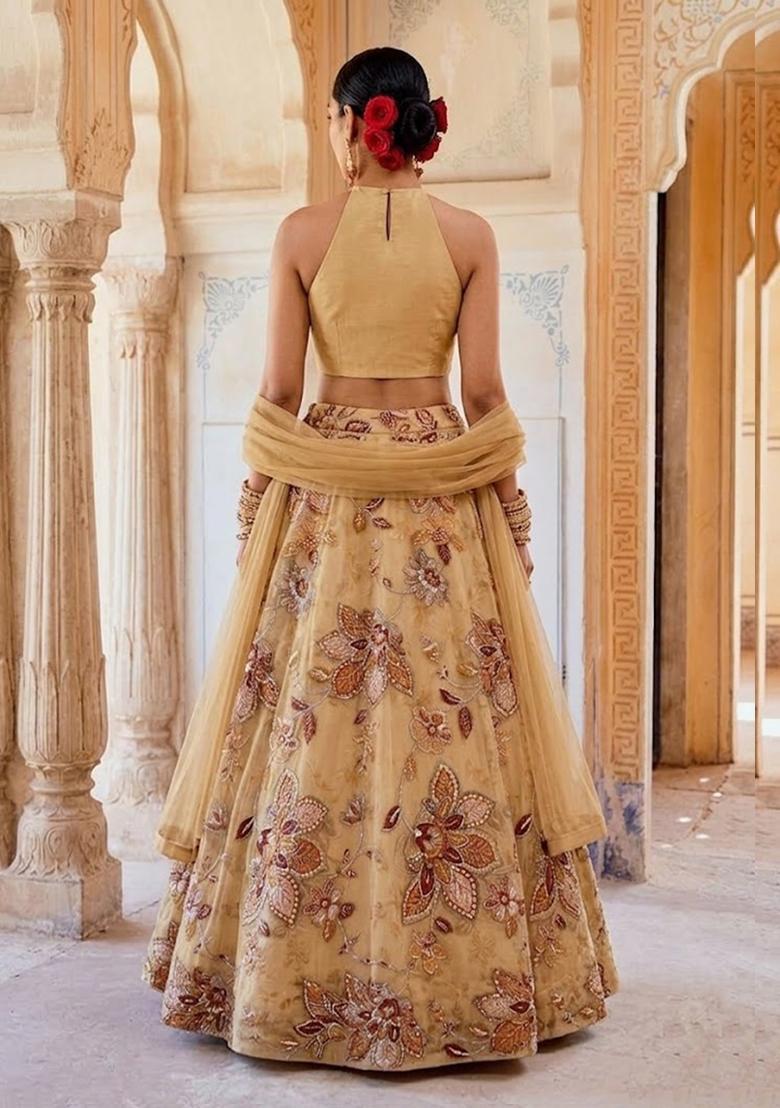 Golden Beige Printed Organza Lehenga Set - Indya