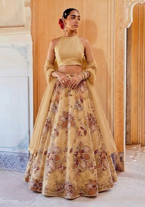 Golden Beige Printed Organza Lehenga Set