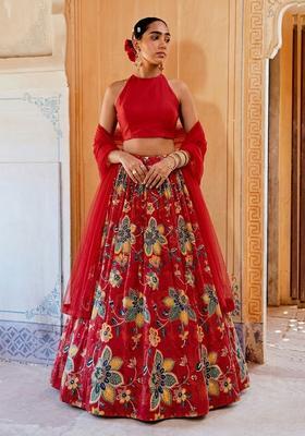 Cherry Red Printed Organza Lehenga Set