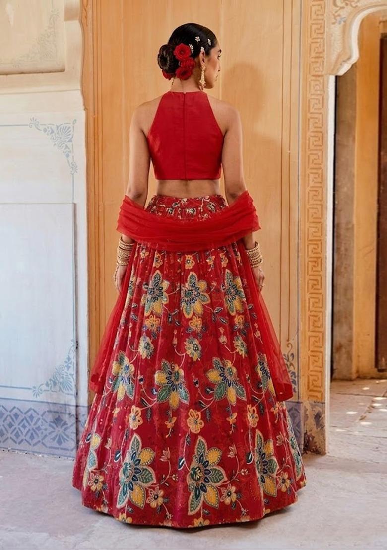 Cherry Red Printed Organza Lehenga Set - Indya