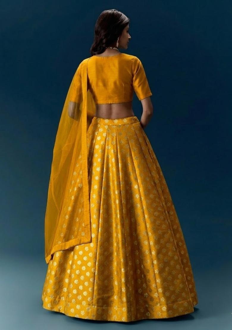 Mustard Yellow Brocade Lehenga Set - Indya