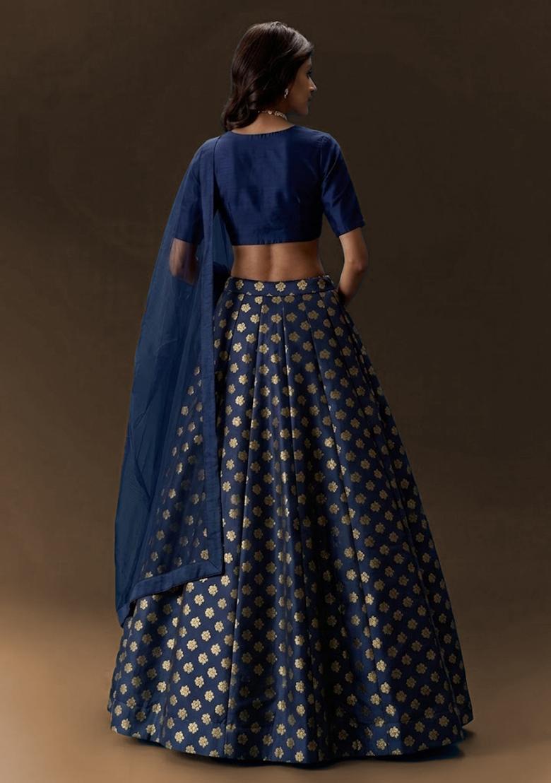 Navy Blue Brocade Lehenga Set - Indya