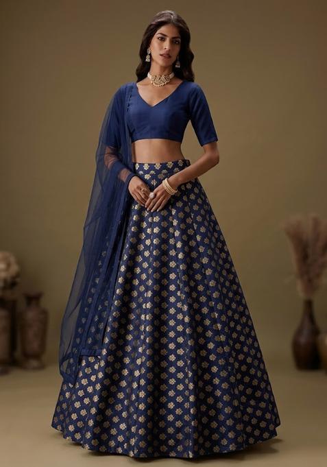 Navy Blue Brocade Lehenga Set