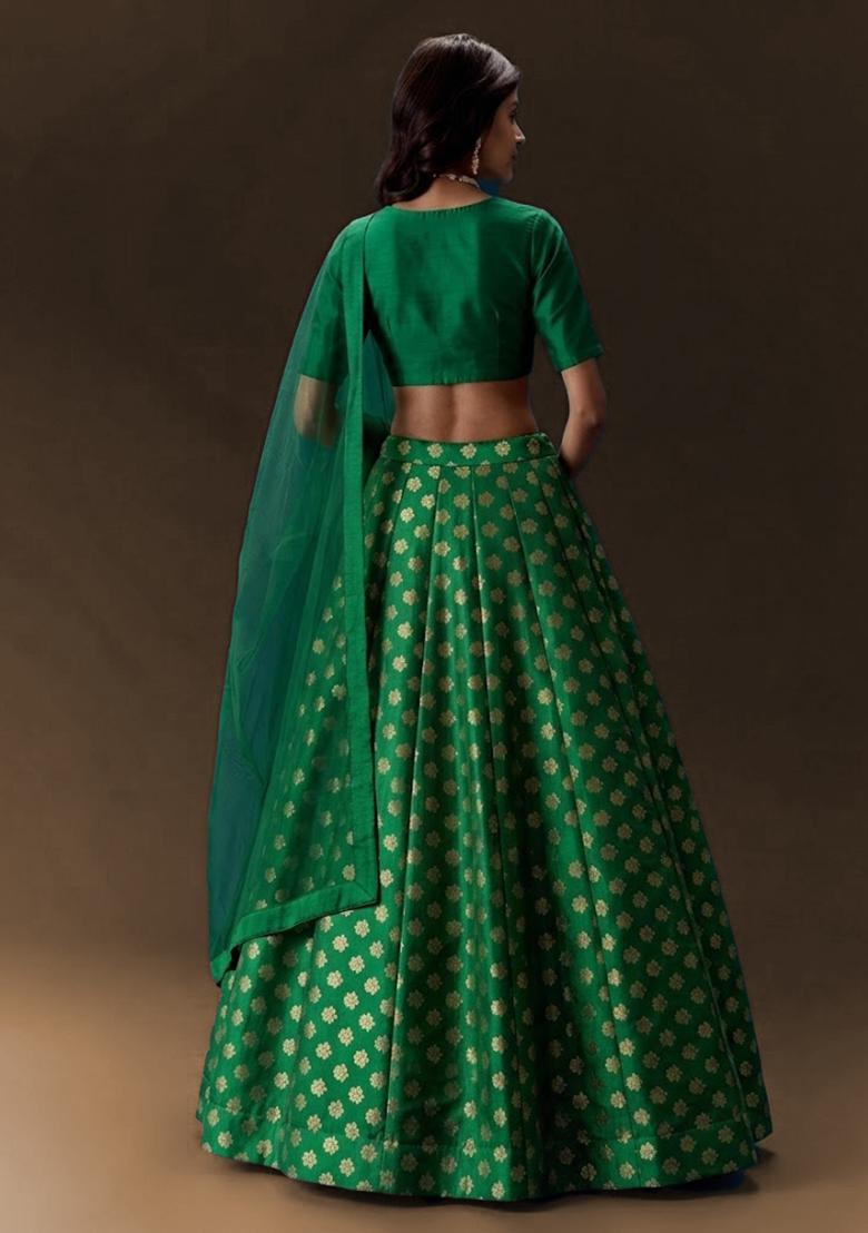 Emerald Green Brocade Lehenga Set - Indya